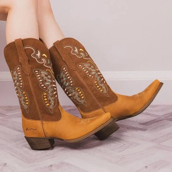 Women's Brown 1 Western Mid Calf Embroidered Cowgirl Country Full Leather Boots - Picture 8 of 9